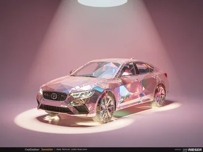 Rose-quartz glass car parked under a soft museum spotlight against a dusk-pink g