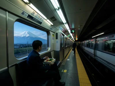 A bullet train interior: clean lines, a passenger with a bento box, Mount Fuji p