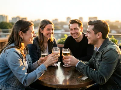 Friends clinking glasses at a rooftop bar, golden hour light on their faces