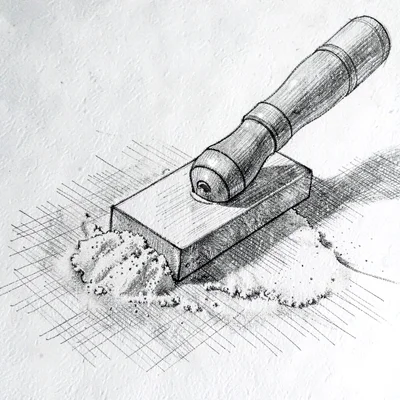 Pen-and-ink rendering of a screed board pulled across a sand bed, fine crosshatc
