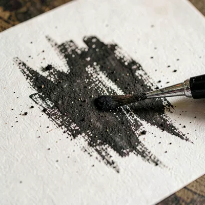 Macro study of a charcoal stroke smudged across textured paper, dust grains visi
