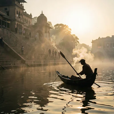 Sacred smoke catching golden Ganges light in Varanasi, Boatman silhouetted again