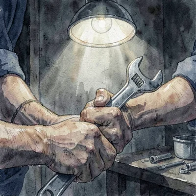 Atmospheric crop of a mechanic's hands gripping a wrench under a worklight, low-