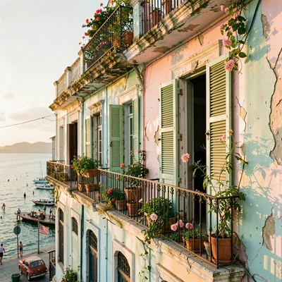 Faded pastel decay of Havana, Cuba, Balcony in Habana Vieja, iron railings, mint
