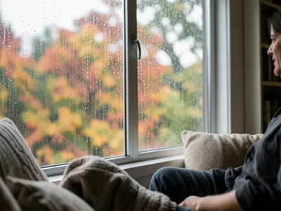 Rain on window with autumn trees blurred beyond, cozy indoor perspective