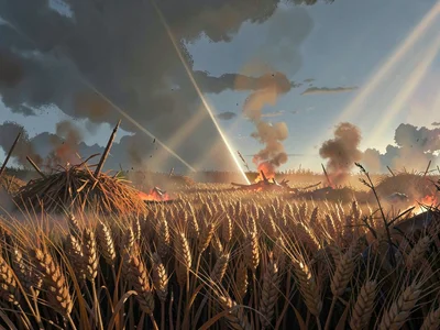Scorched grain field after battle with a single godray over smouldering thatch, 