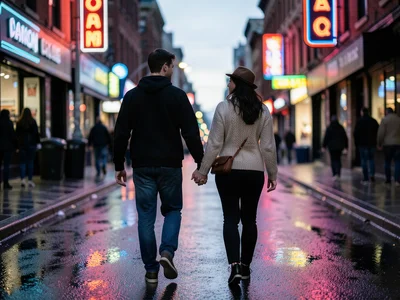 Young couple walking hand-in-hand along a city street at dusk, neon signs reflec