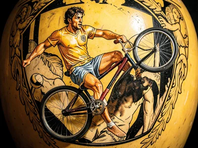 Soccer player bicycle kick frozen in style of Greek vase black-figure pottery