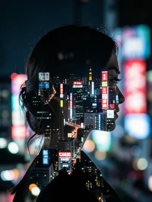 Woman's profile silhouette filled with Tokyo neon cityscape at night, double exp
