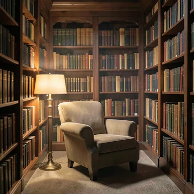a library with floor-to-ceiling shelves, lamplight raking across the spines, a s