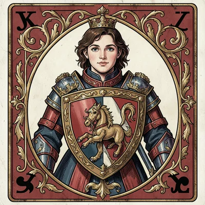 Playing card face illustration, Jack as young knight with heraldic shield , cour