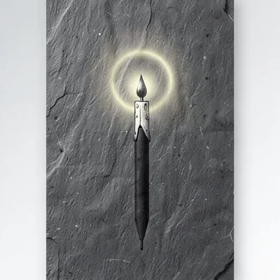 Vertical riso poster of a single candlestick with a halo glow on slate ground