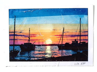 Harbor at dawn — sky, water, and boat silhouettes in layered color separation