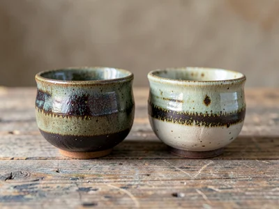 A pair of yunomi tea cups with wood-fire flashing marks side by side on rough wo