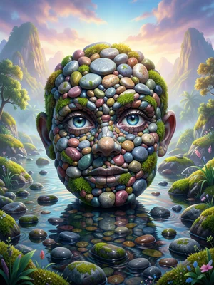 Child's face formed from smooth river stones, each stone placed precisely, moss 