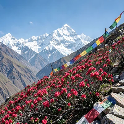 High altitude clarity of Kathmandu, Nepal, Rhododendron blooming on mountain slo