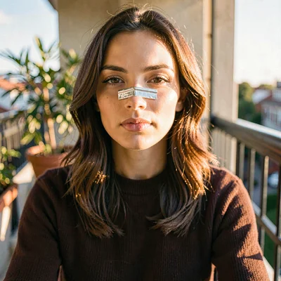 Editorial portrait of a model on a sunlit balcony with a single zinc stripe acro