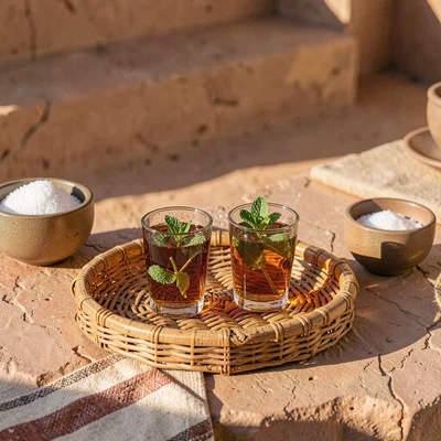 Warm desert-toned photograph, Wicker tray holding small glasses of sweet tea wit