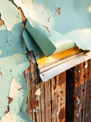Large paint sheet curling away from wooden surface, single dramatic peel reveali