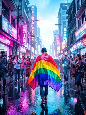 Person wrapped in rainbow flag walking down sunny street, parade day