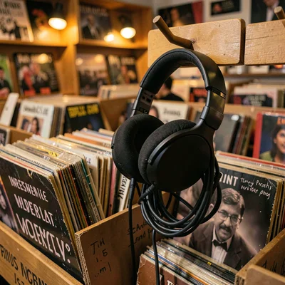 Listening station headphones on peg