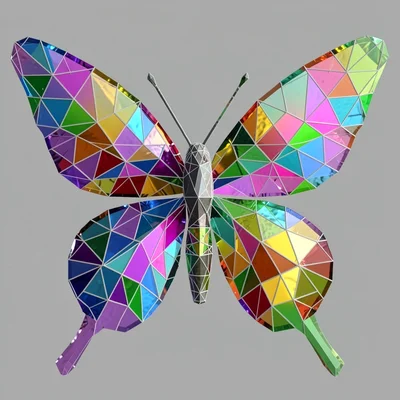 A shattered-glass butterfly with wings broken into hundreds of tiny triangular c