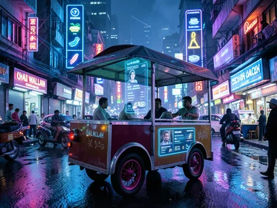 Chai wallah cart with digital menu hologram, neon street, futuristic mumbai
