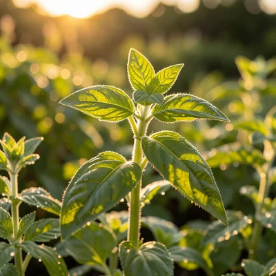 A basil plant backlit by setting sun, each leaf glowing translucent green, fine 
