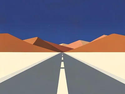 Asphalt ribbon cuts across a cream salt plain toward rust-orange foothills under