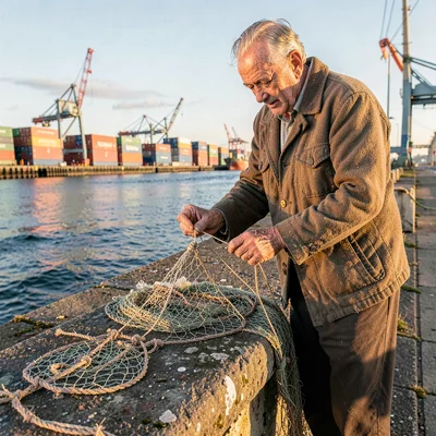 Port city documentary photograph, A retired fisherman mending nets on the harbor