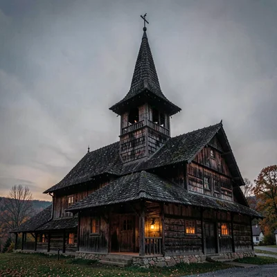 a Romanian Maramures wooden church at autumn dusk, steep oak shingled spire silh