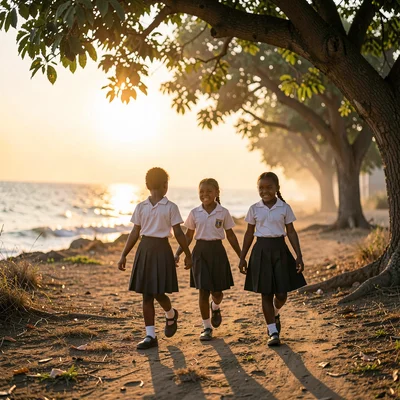 Peachy golden Dakar sunset light through sea haze, Young girls in school uniform