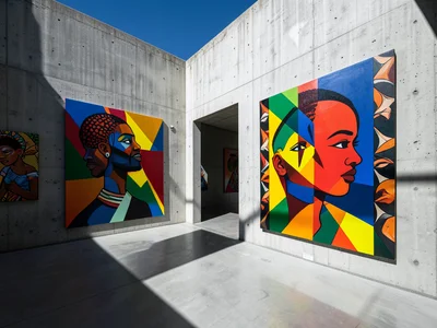 Contemporary African art gallery with large-scale paintings on concrete walls, b