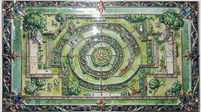 Cloisonné enamel illustration, garden maze from above , copper wire outlines, gl