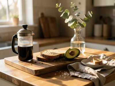 A kitchen counter at 7am with the evidence of a slow morning — a French press ha