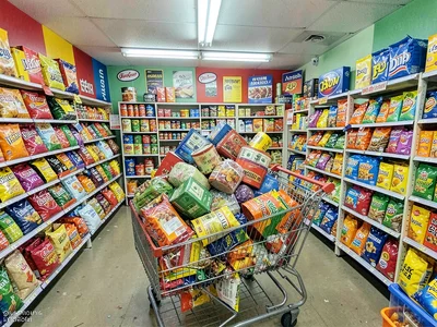 Shopping cart piled high, the democratic haul where everything is affordable