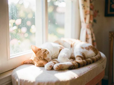 Cat sleeping in a sunny window seat