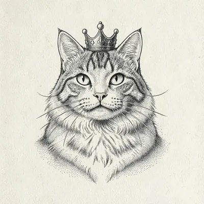 Pen-ink character study of a regal cat with a tiny crown, expressive line, cream