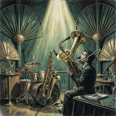 Roaring '20s unit-header illustration, painterly jazz-club interior with brass i