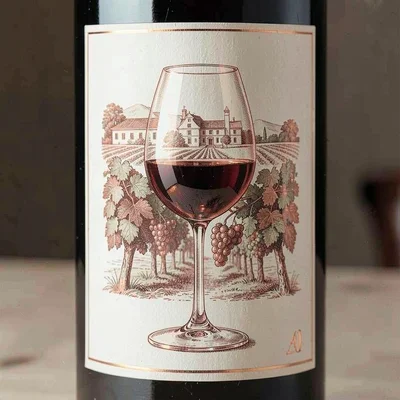 Wine label illustration, Wine glass with grape reflection , elegant estate scene