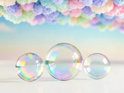 Three glass spheres of varying size arranged on an empty pearl-white floor under