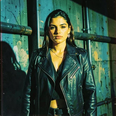 Cross-processed slide film photograph, Fashion model in leather jacket against i