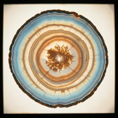 Geode slice in ocean blues and sandy golds, beach-like mineral layers