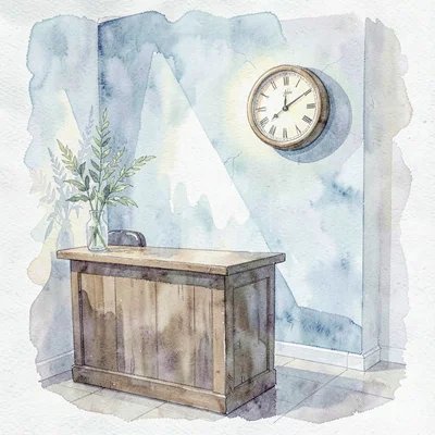 Atmospheric watercolor of a quiet reception nook with a glowing wall clock, gent