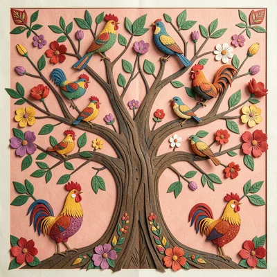 Polish wycinanki paper cut illustration, a tree of life with birds nesting in br