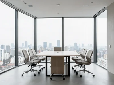 Conference room with floor-to-ceiling windows overlooking a city skyline, empty 