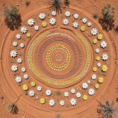 Scattered desert flowers — white and yellow — dotting terracotta soil, top-down