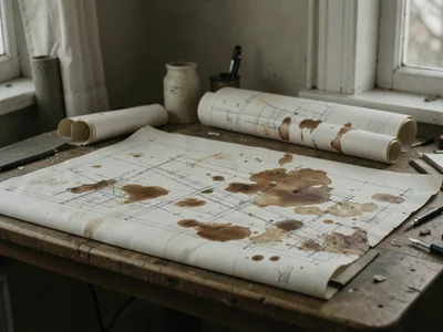 Architect's desk covered in coffee-stained blueprints, the sepia of abandoned am