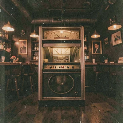 Grainy digital illustration, jukebox in empty bar , film grain texture overlay, 