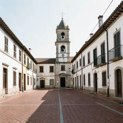 Siesta stillness, afternoon heat weight, A church bell tower against white sky, 